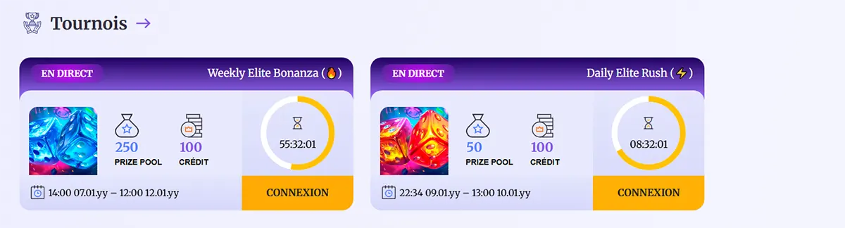 Live casino tournament section in French showing two active events, Weekly Elite Bonanza and Daily Elite Rush, with prize pools, credit rewards, countdown timers, event dates, and “Connexion” buttons.