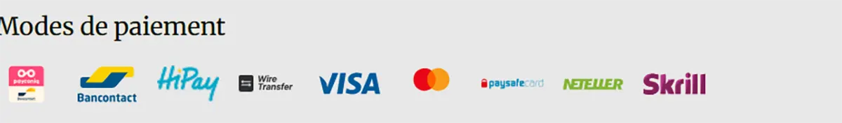 Payment methods section in French displaying logos for Payconiq, Bancontact, HiPay, Wire Transfer, Visa, Mastercard, Paysafecard, Neteller, and Skrill.