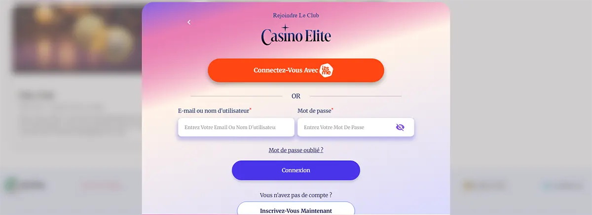 Casino Elite login screen in French offering sign-in via itsme or email and password, with a “Connexion” button, password recovery link, and an option to create a new account on a soft gradient background.